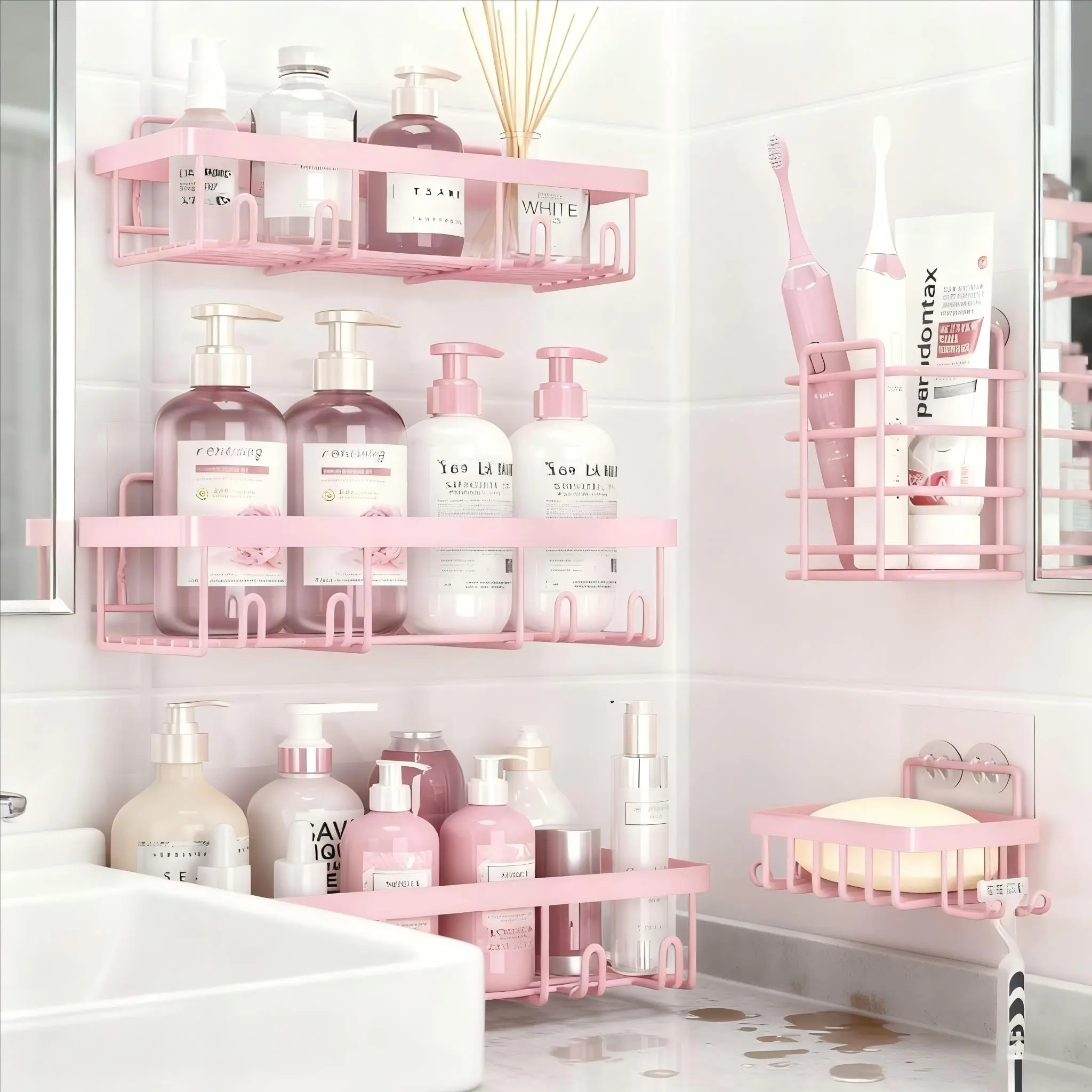 Pink 5-Piece Bathroom Accessory Set - Durable, Rust-Proof, Waterproof No-Drill Stick-On Shower Organizer with Toothbrush Holder, Soap Holder, Large-Capacity Minimalist Pink & Black Storage, 2026 Gift Idea, Durable Shower Organizer