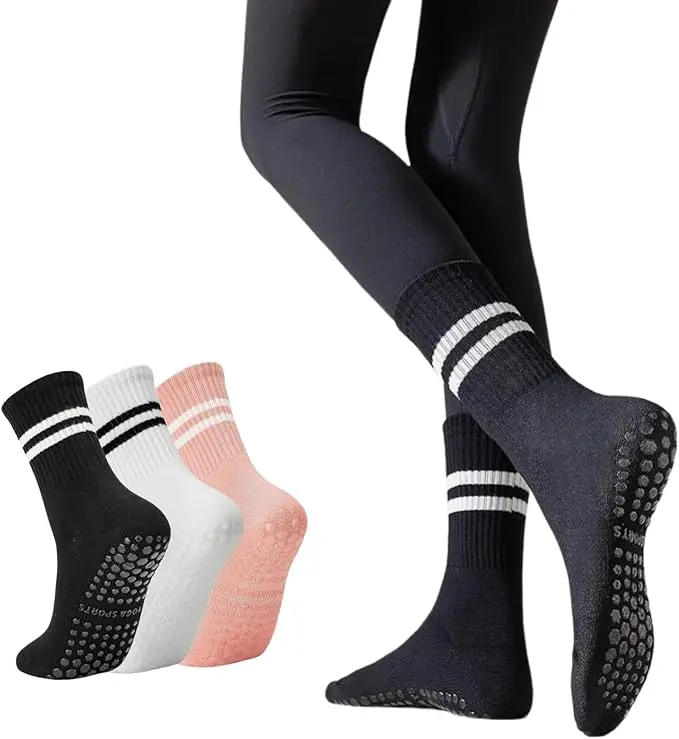 AMLANG Women's Long Athletic Style Yoga Socks with Non-Slip Silicone Gel Grips, Combed Cotton Dry Fit for Pilates, Barre & Dance, 3 or 6 Pairs, Soft Sports Socks, Dry Fit Sports Socks