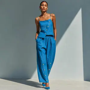 Women's Blue Linen 2-Piece Set – Asymmetric Gold Button Cami Top & Draped Harem Pants | Chic Resort Vacation Elevated Matching Outfit