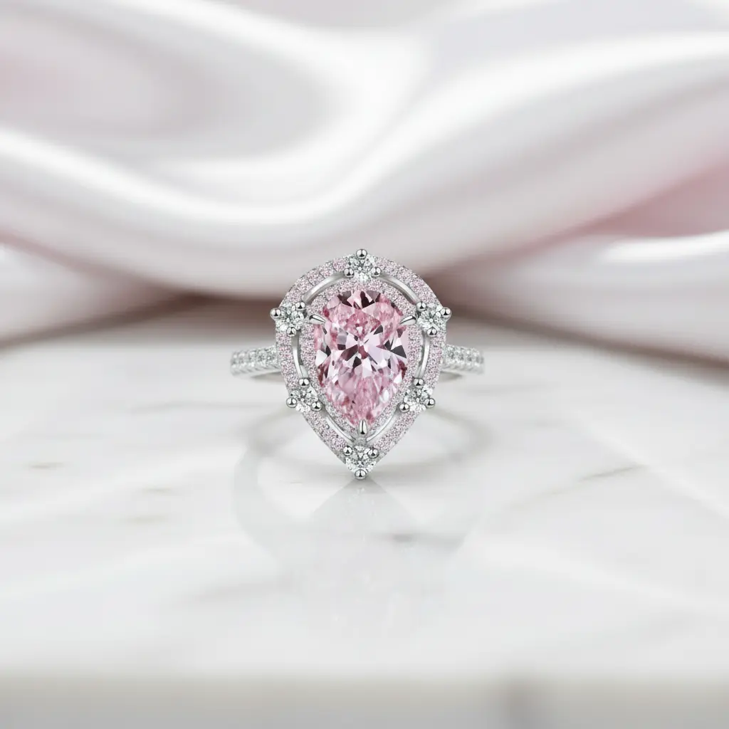Double Halo 2.0Ct 2-Tone Romantic Pink Pear Cut Engagement Ring