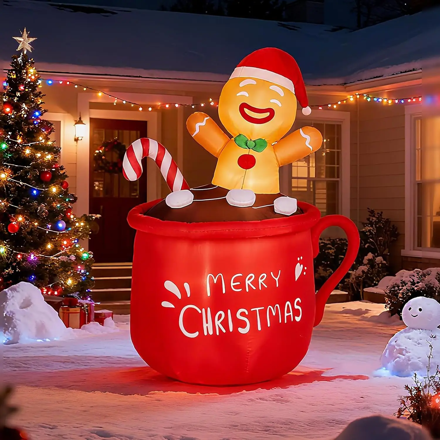 6.5FT Christmas Inflatable Gingerbread Man in Cup, Lighted Blow Up Yard Decoration with Built-in LEDs, Funny Outdoor Indoor Holiday Decor for Lawn Garden Party