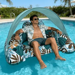Inflatable Pool Float with Canopy – Tropical Leaf-Print Floating Lounge with Cup Holders, Perfect for Adult Summer Beach & Pool Parties, Lake Relaxation, Summer Essential for Sun Lovers, Island Paradise Vibe, Pool Floatie