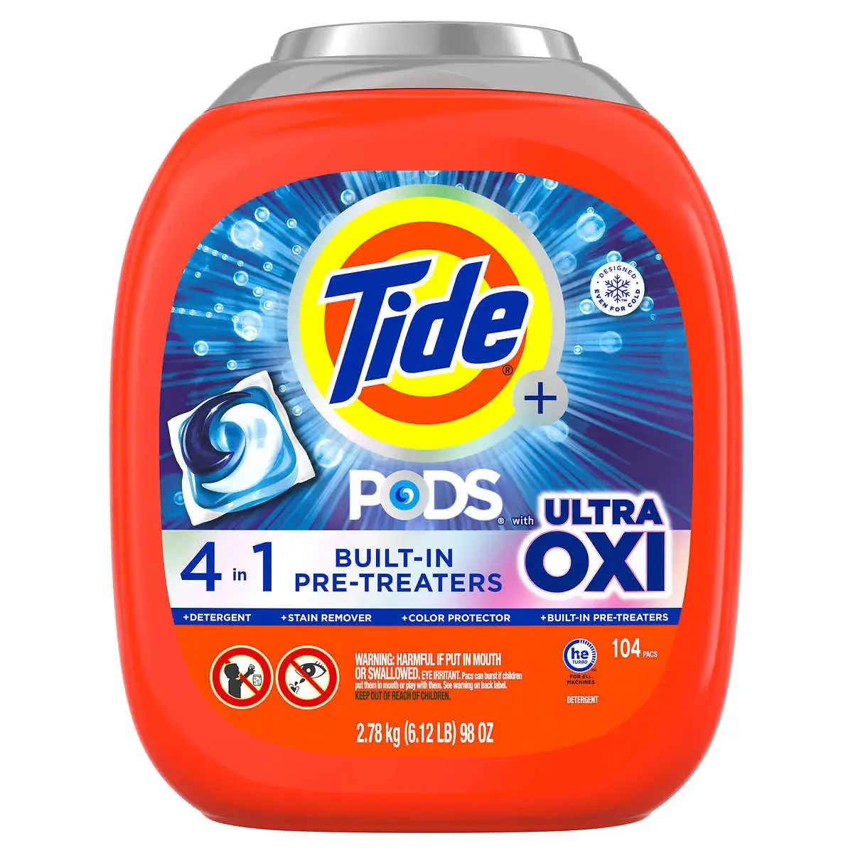 Tide Ultra Oxi HE True Laundry Detergent Pods, 104-Count Bulk Pack with Built-in Pre-treatment, 3.08kg (6.79lb/108oz) - Stain Odor Eliminator, Convenient Home Care Cleaner