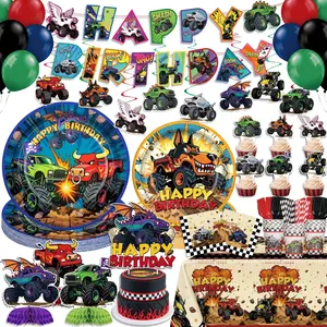 206 Pcs Monster Truck Birthday Decorations Tableware Set - Service 24 Guests - Includes Banner, Cake Topper, Balloons, Plates And Napkins Paper Cup - For Monster Truck Themed Decor Boy's Birthday