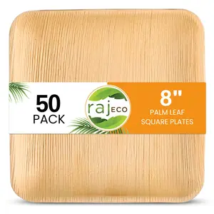 Raj Eco 8 Inch Square Disposable Palm Leaf Plates 50 Pack Natural Wooden Eco-Friendly Biodegradable Dessert Appetizer Outdoors Plates Set