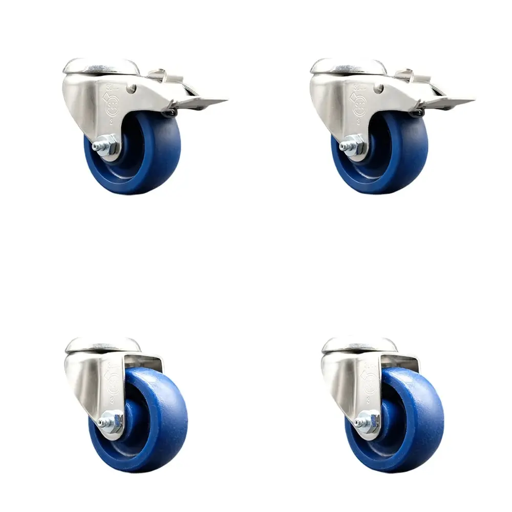 Service Caster SCC-SS316BHTTL20S3514-SPUS-2-S-2 Solid Polyurethane Swivel Bolt Hole Caster with 3.5 in. Blue Caster Wheels - 316 Stainless Steel Casters - Set of 4