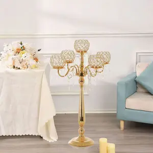 VINCIGANT 5-Arm Gold Crystal Candelabra Centerpiece with Light & Bling Bowl - 29.1in Metal Candle Holder for Wedding, Home Decoration - Electronic-Enabled Table Decor for Formal Events