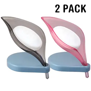 2Pack Soap Holder Leaf-Shape - Self Draining Soap Dish Holder, Not Punched Easy Clean Bar Soap Holder, with Suction Cup Soap Dish Suitable for Shower, Bathroom, Kitchen Sink (somky gray +pink) 2 pack
