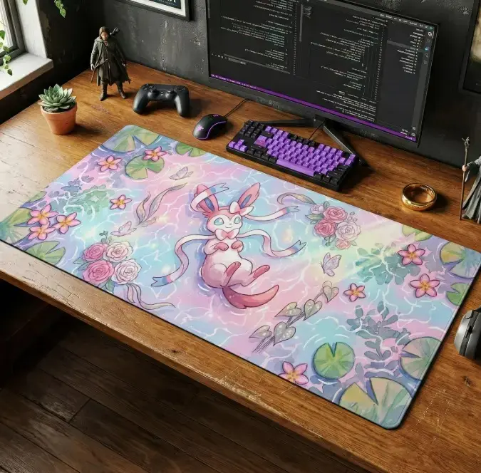 Sylveon Pastel Desk Mat, Watercolor Mouse Pad, Dreamy Fairy Type Keyboard Pad, Cute Kawaii Gaming Desk Setup and Chair Mat