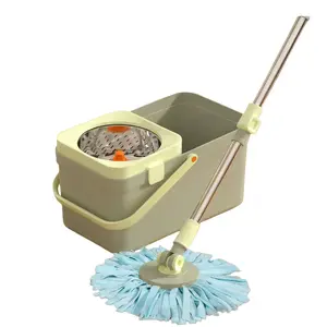 Round Household Mop Bucket Set with 360° Spin System, Extendable Stainless Steel Rod, 2 Microfiber-Cotton Heads for Various Floor Cleaning, Matcha Green Flexible Rotating Mop Lightweight Flat Mop steam mop for floors