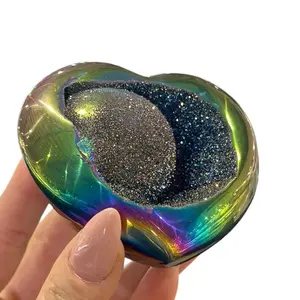 Radiant Rainbow Titanium Aura Quartz Heart + Moon Crystal | Heart-Shaped Cluster | Dark Textured | 3in | Gift | Decor