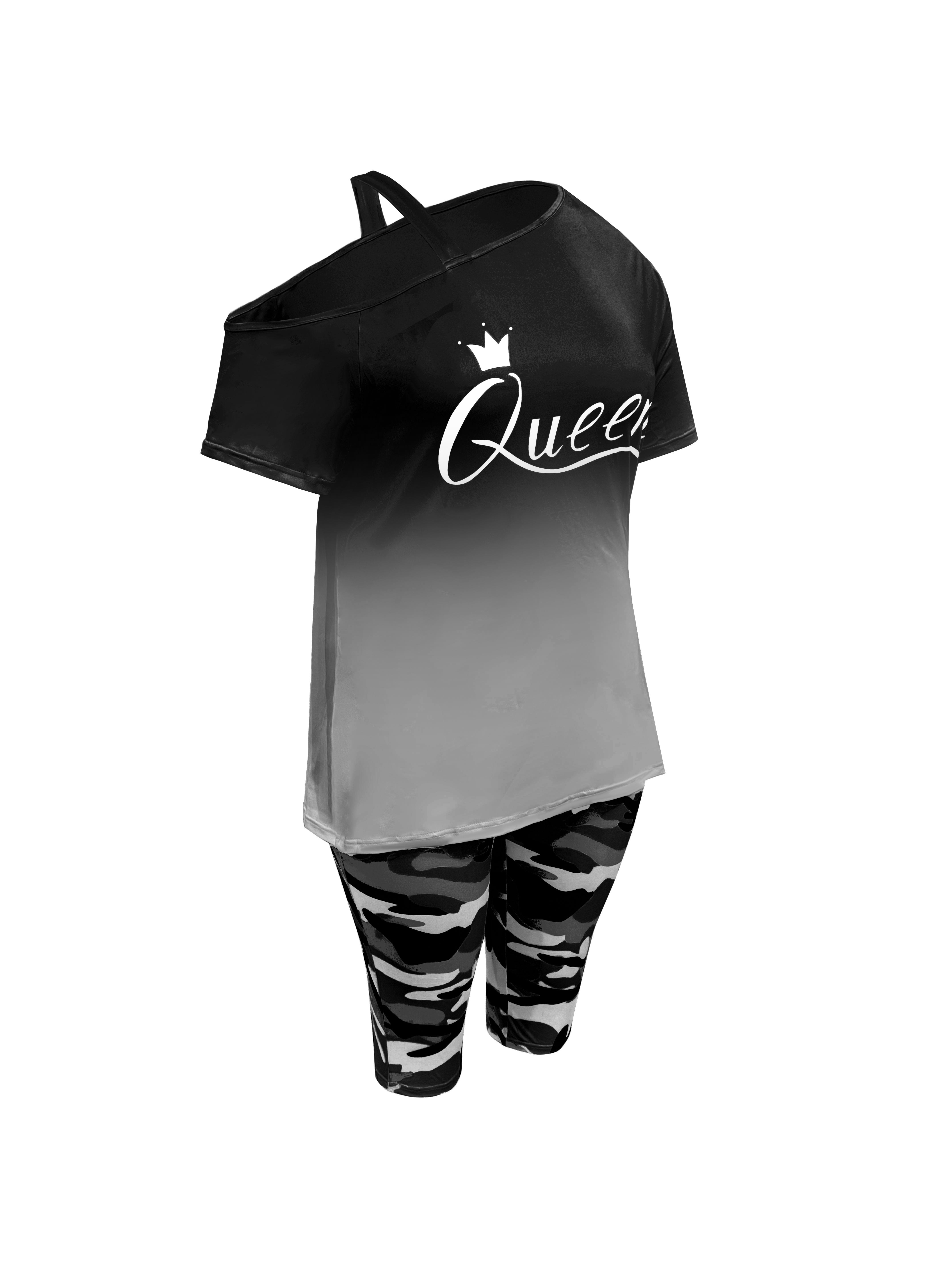 Women's 2-Piece Casual Chic Cowl Neck Shortsleeve Outfits - "Queen" Lettering Camisole, Camouflage Shorts, Casual Vacation Wear, Casual Chic Set