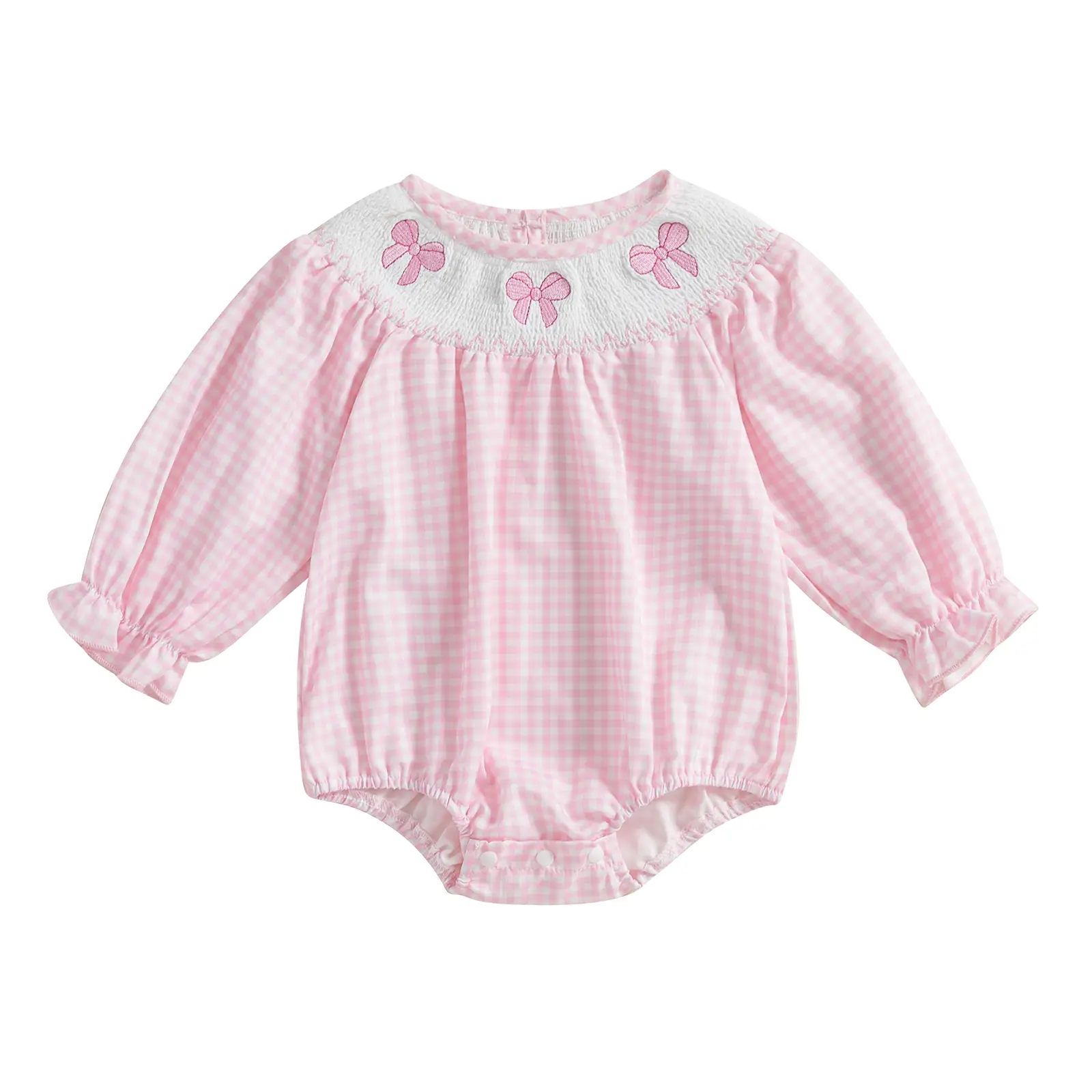 Newborn Infant Baby Girl Clothes Bow Embroidery Smocked Romper Bubble Long Sleeve Bodysuit Cute Outfit Fall Winter Clothing