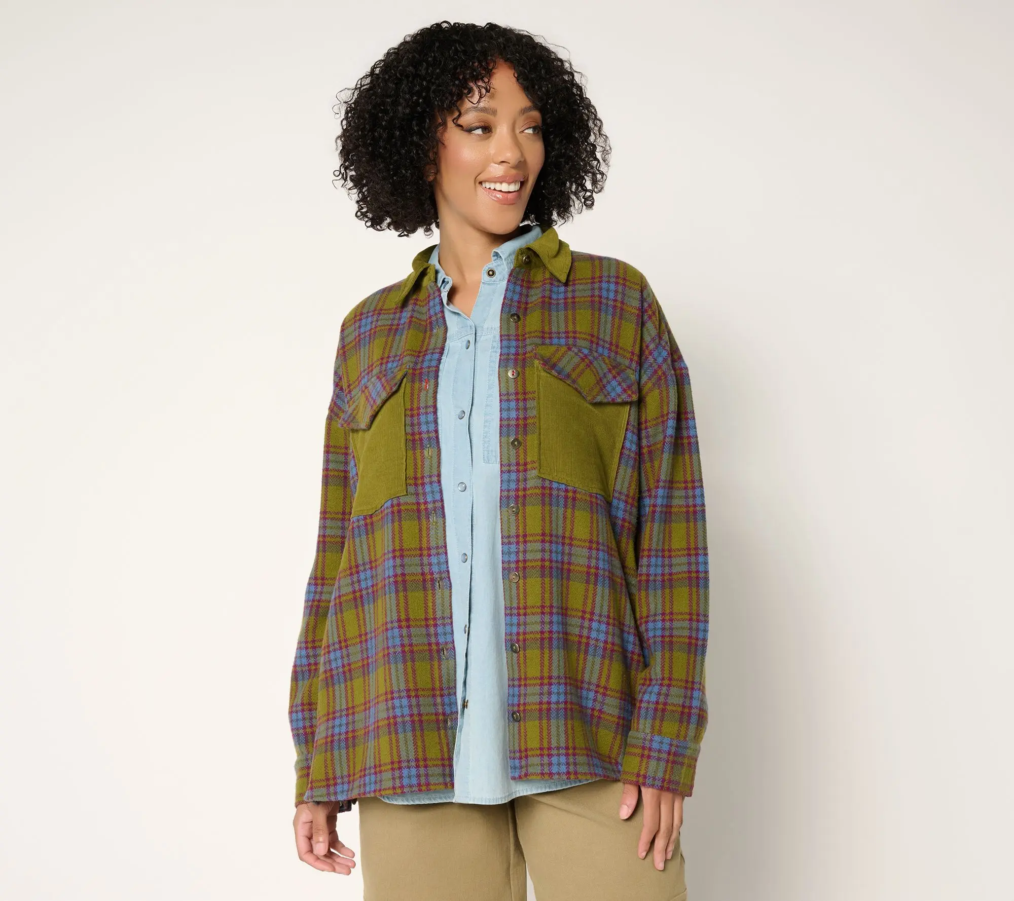 Peace Love World Brushed Flannel Plaid Jacket w/ Corduroy Collar Peace Love World Brushed Flannel Plaid Jacket w/ Corduroy Collar