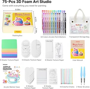 Magic 3D Foam Texture Painting Kit, 3D Puffy Paint Art Kit with 24 Auto-Flow Markers, 38 Texture Sheets & 10 Bead Necklace, Non-Toxic Aqua Puffs Art Supplies Creative Gift for Ages 5-10