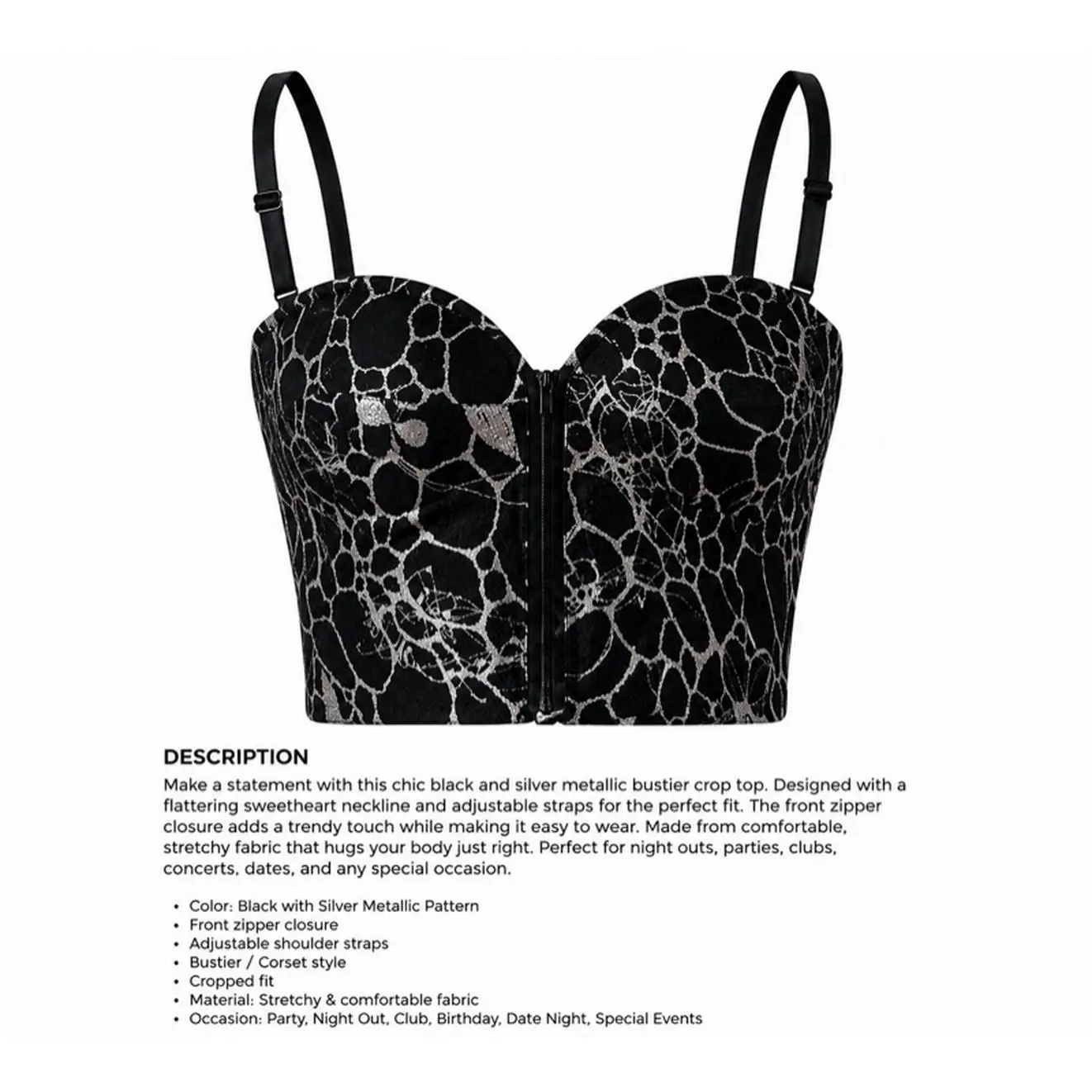 Chic Black & Silver Metallic Bustier Crop Top with Front Zipper Closure Adjustable Straps for Night Out Club Date Night Special Events