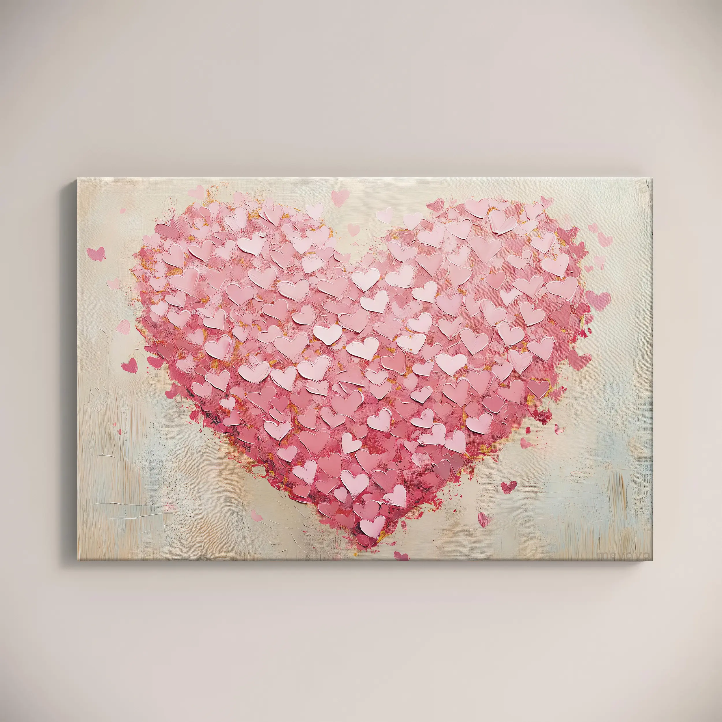 Romantic Pink Heart Textured Canvas Print Wall Art - Art Wall Decoration, Blush Pink Coquettecore Feminine Home Decor, Valentines Day Gift, Bedroom Accent with Plaid & Polka Dot Details, Kid Room Decor