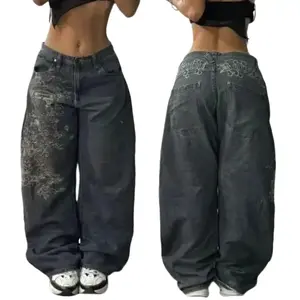 Y2K Dark Grey Baggy Jeans for Women, Vintage Embroidered Low Rise Wide Leg Pants, 90s Retro Skater Style Streetwear, Comfy Loose Fit Cargo Denim Trousers