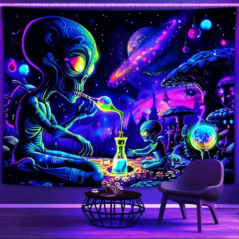 Cosmic Alien Neon Tapestry - Black Wall Hanging for Bedroom, Living Room, Dorm Decor