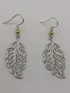 Silver Leaf Earrings - Silver Dangle Leaf Earrings with Stainless Steel Leaf Charm, 925 Silver Plated, 34mm Long, 17mm Wide, Nickel Free