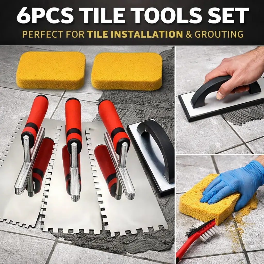 7-Piece Tile Hand Tools Set - 3 Stainless Steel Square Notch Trowels, Heavy-Duty Rubber Grout Float, High-Water-Capacity Sponge, Ergonomic Handles - Masonry & Flooring Installer Tools for Tile Installation, DIY Projects - Mid-Year Sale