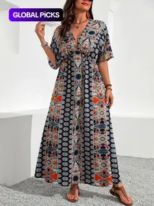 Plus Size Ethnic Pattern Ruched V Neck Dress, Bohemian Boho Casual Floral Print Batwing Half Sleeve A-Line Dress for Summer, Women's Clothes for Beach Holiday