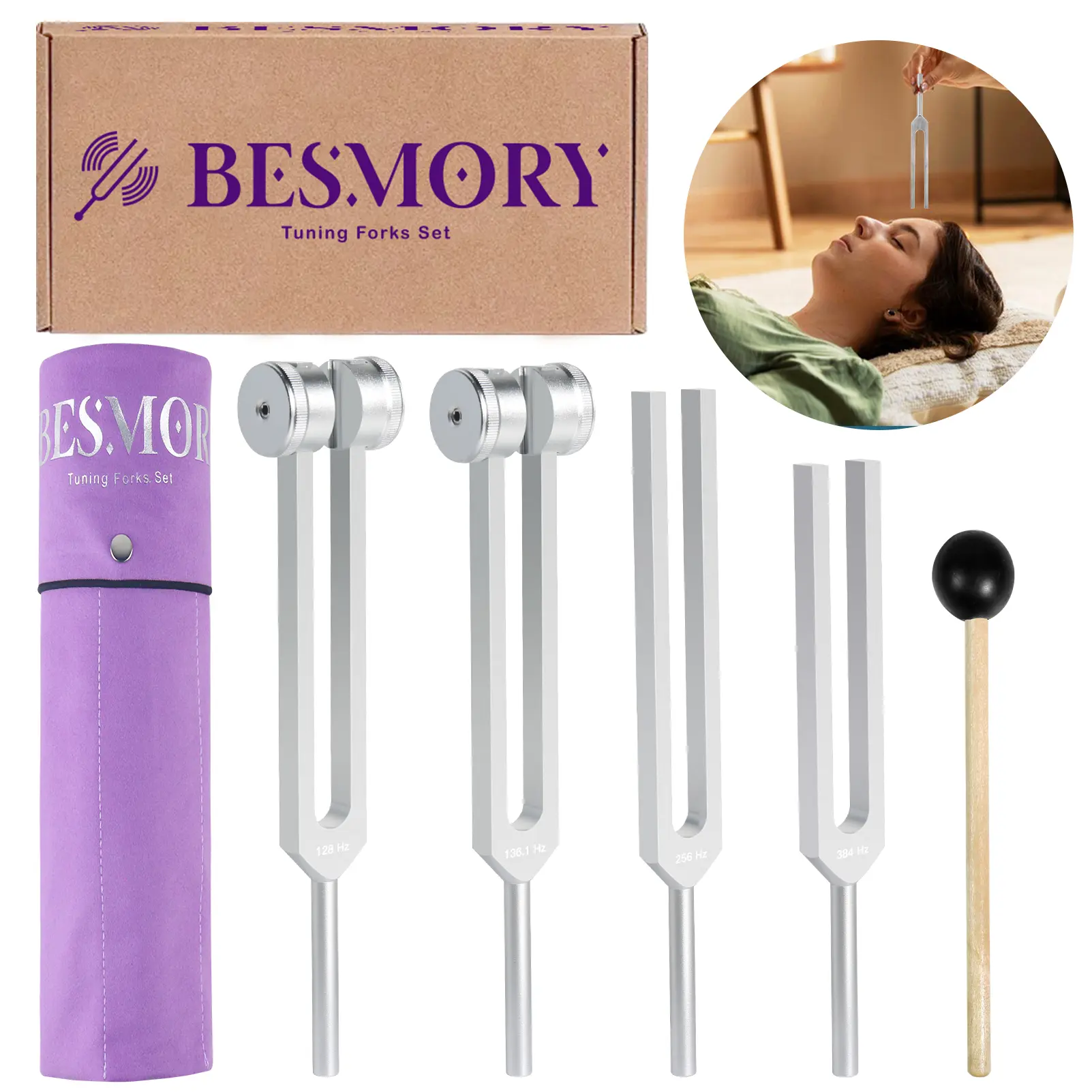 Besmory 4-Piece Durable Portable Aluminum Alloy Tuning Fork Set with Reflex Hammer - 128HZ, 136.1HZ, 256HZ, 384HZ for Chakra Sound Therapy, Stress Relief