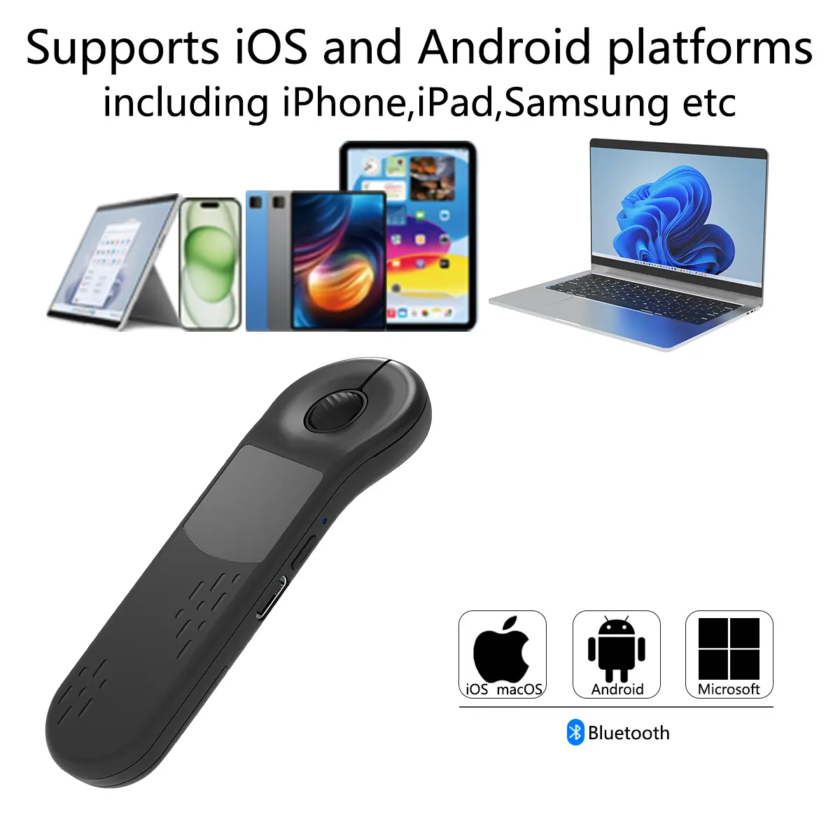 Bluetooth Air Laser Mouse;Turn pages in PowerPoint;Browse the web;Short video TikTok Remote Control Scrolling; Compatible systems: iOS, MacOS, Android, Windows Wireless