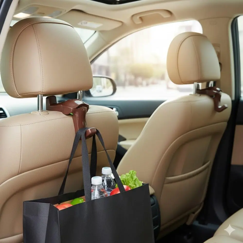2-Pack Car Headrest Hook Rotating Holder Anti-Spill Organizer, No Drill 5kg Capacity Backseat Storage Solution Travel Accessories Vehicle Interior Utility Tool