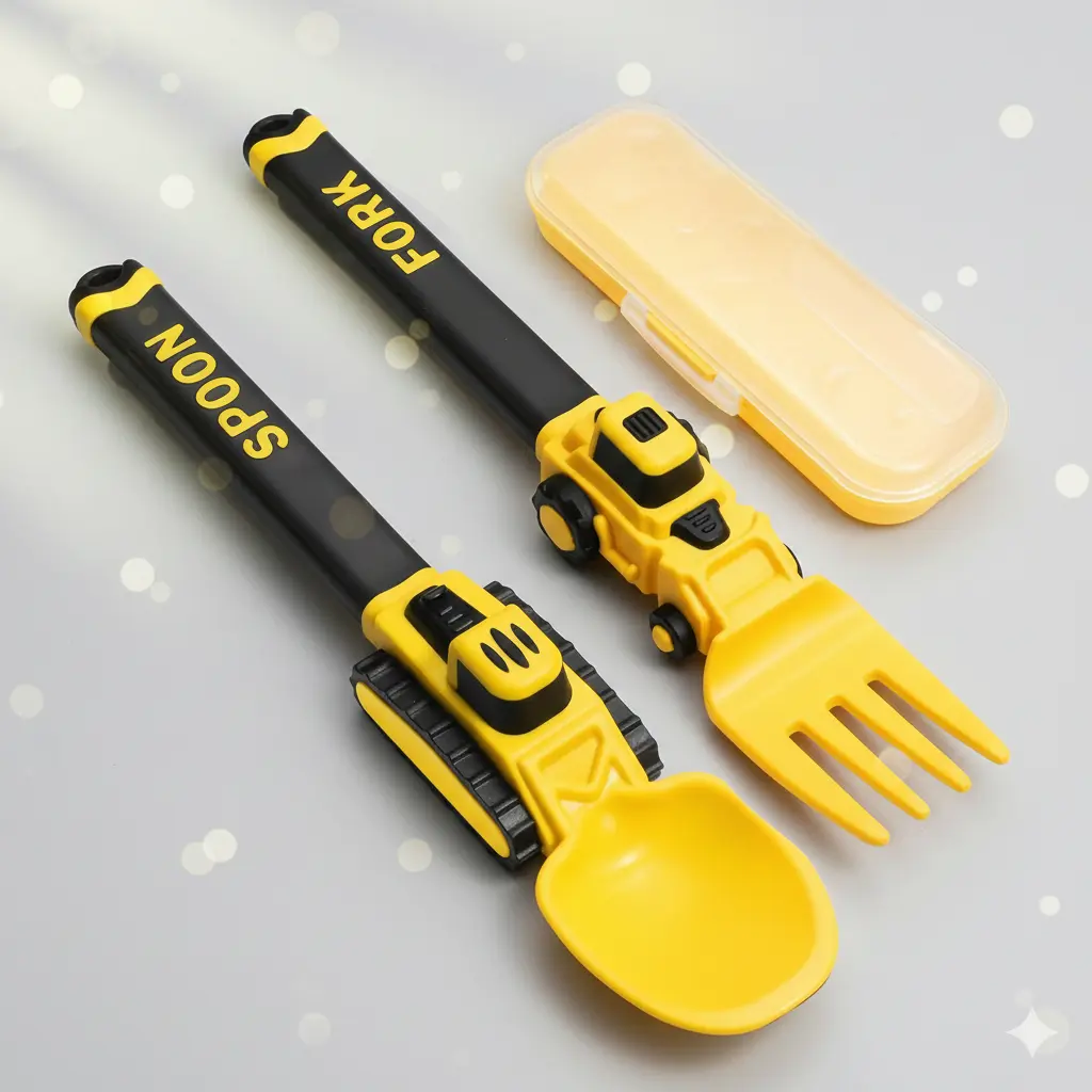Toddler Forks and Spoons Set Pack, Unisex Vehicle-Themed Construction Truck Utensils with Soft Handle, Vibrant Colors and Materials Yellow-Black Oil Tank Design, Storage Case for Self-Feeding Toddlers