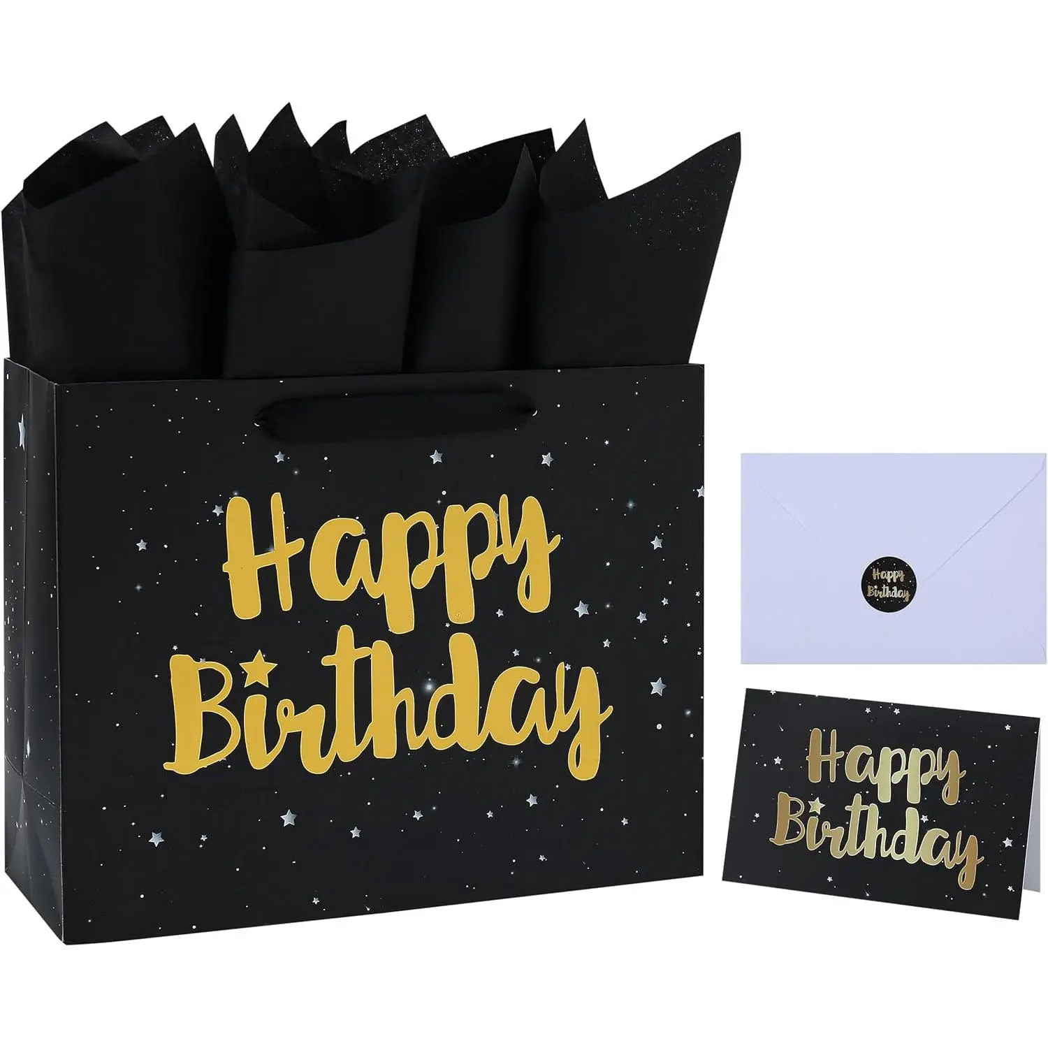 13" Large Black  Bag Set with Greeting Card and Tissue Papers (Stars and  Foil 'Happy Birthday') for Men's or Women's Party, Boys', Girls' or ' Birthday Parties,  Boy or Girl,  Shower - 13"x5.2"x10.2", 1 count.