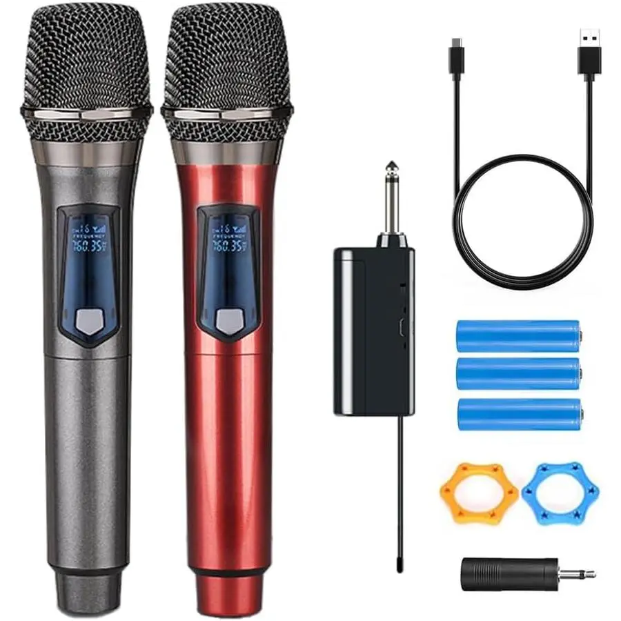 Wireless Microphone,Rechargeable Wireless Dual Microphone,Dual Handheld Dynamic Wireless Mic for Karaoke Singing, Wedding, DJ, Party, Speech, Church, Class Use,PA System,200ft,Gray&Red