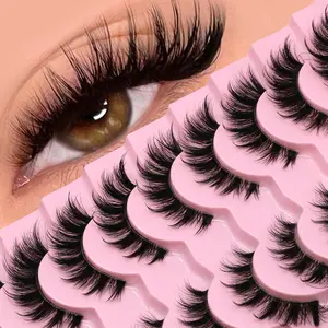 GROINNEYA 9 Pairs Natural Look Eyelashes Fluffy Soft False Eye Lashes Wispy Volume Effect Faux Mink Eyelashes Cat Eye Lashes D Curl Eyelash Strip Lightweight Fake Lashes With Thin Clear Band,Suitable For Self Use At Home Or On-The-Go For Daily Life