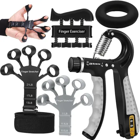 Adjustable Resistance Grip Strength Trainer Kit (4lb, 8.8lb, 11-132 Lbs) - 5-Piece Strength Training Equipment with Finger Stretcher, Forearm Exerciser for Rehabilitation, Climbing Prep (Adults, Teens)