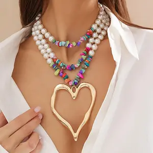 Boho-Chic Women Geometry Hollow Golden Heart Pendant Multi-Layer Vintage Handmade Colorful Stone Necklace Elegant Women Faux Pearl Adjustable Necklace Vacation Travel Beach Chain Jewelry