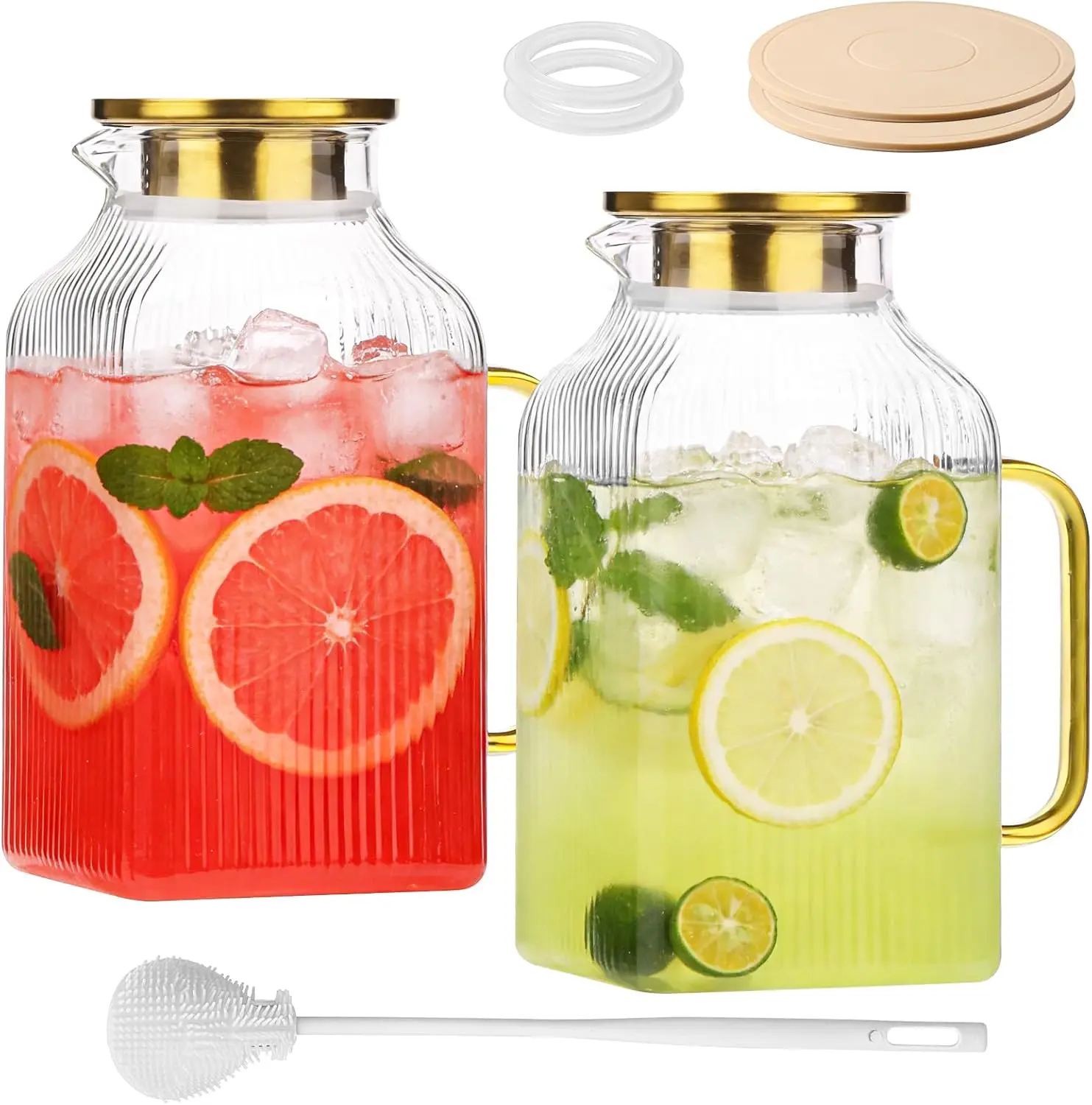 2-Pack 68oz/2L Square Borosilicate Glass Pitcher with Handle and Lid, Classic Stripes Glass Carafe for Fridge, Iced Tea, Hot/Cold Brew Drinks