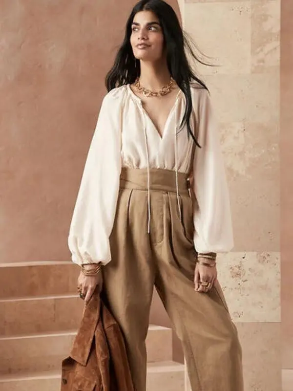 NWT Banana Republic 100% Silk Oversized Ivory Bubble Sleeve Top Size Large