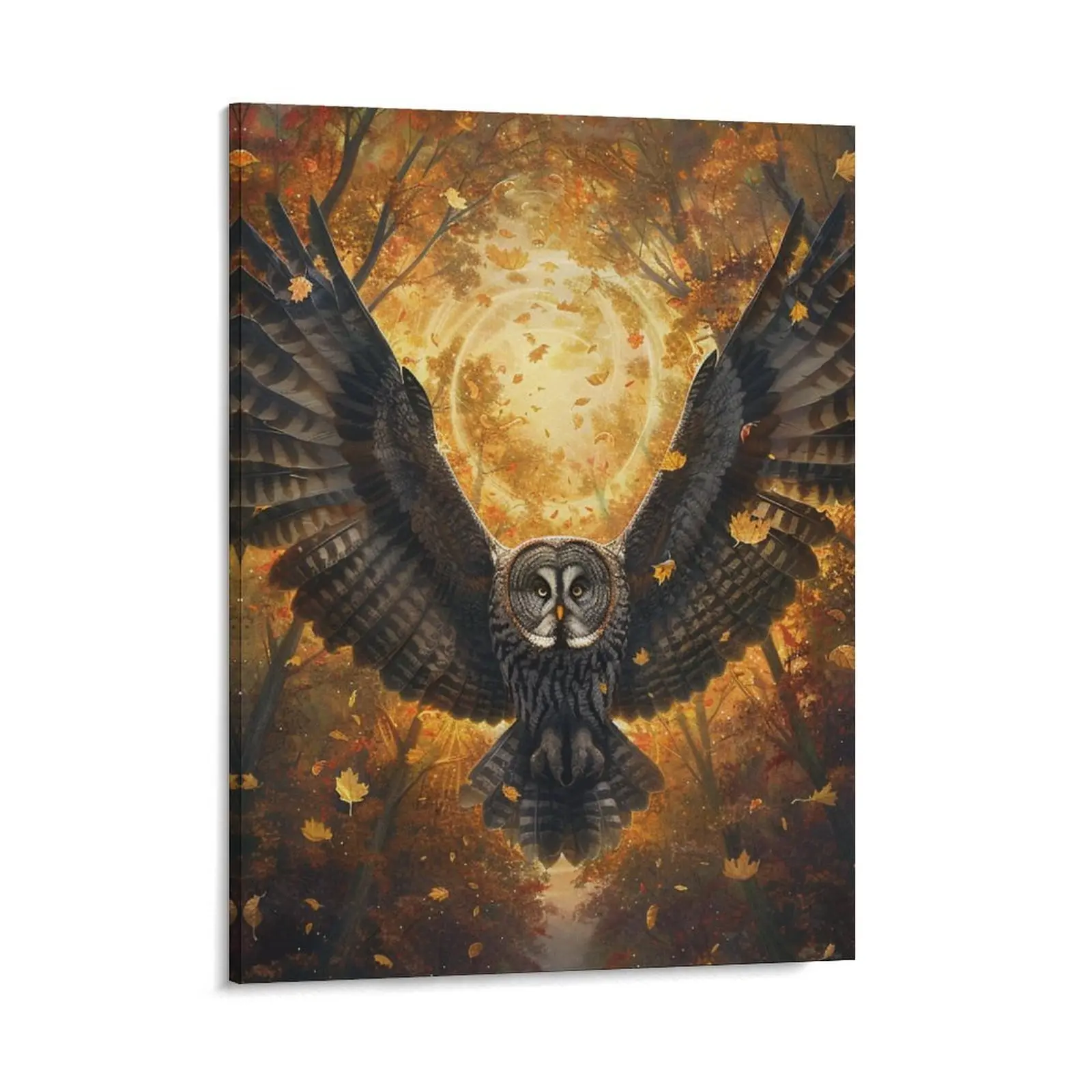 Owl Canvas Posters - Fall Forest Wall Art - Falling Maple Leaves - Home Decor for Living Room, Bedroom & Office - Aesthetic Wall Art for Gifting