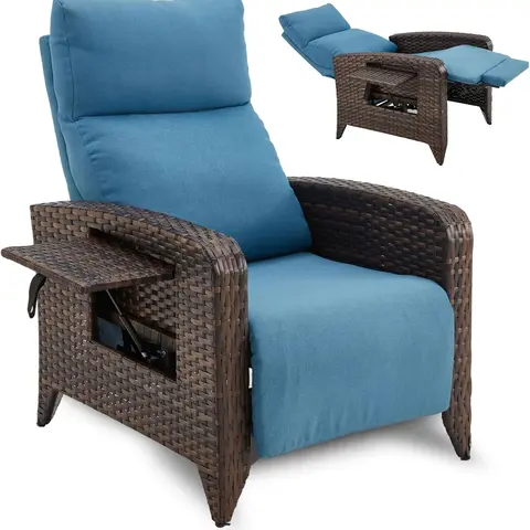 【SohoChic】ZZWHOM Single Person Durable Rattan Recliner Chair - Indoor Outdoor Armchair with Adjustable Side Table, All-Weather Vine Design, Rust-proof Steel Frame, Washable Removable Covers for Easy Cleaning, Backyard Use