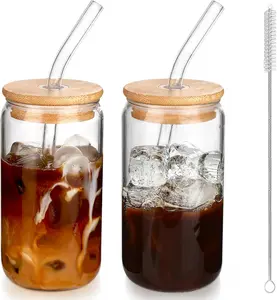 16 oz Iced Coffee Glass Cups 2-Piece Set with Secure Lids & Reusable Straws Durable High-Quality Glass Tumblers for Home Office & On-The-Go Use - Drinkware