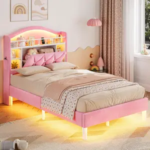 ADORNEVE Twin Size Bed Frame - Princess Velvet Upholstered Platform Bed for Girls, LED Lights, Headboard with Charging Station, Guardrail & Crystal Buttons, No Box Spring Needed