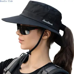Stylish Wide Brim Ponytail Sun Hat for Women UV Protection Foldable Bucket Hat Breathable Lightweight Sun Cap for Beach Fishing Hiking Travel Summer Outdoor Activities