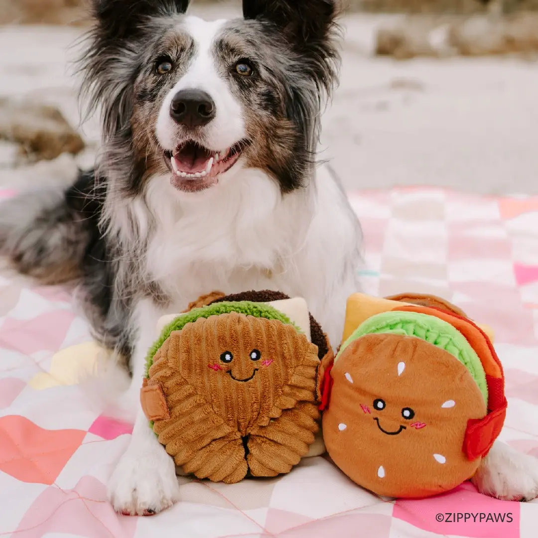 ZippyPaws Snufflerz Stacks - Cheeseburger & Breakfast Sandwich - Plush Dog Toys for Interactive Play