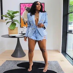 New Slim-fitting Double-breasted Lion-buckled Denim Suit Jacket