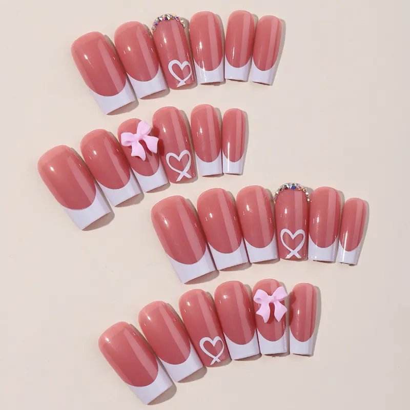 24Pcs Handmade Pink Bow French Tip Press On Nails, Medium-Long with 3D Bows, Hearts & Rhinestones, Reusable 2026 Spring Coquette Aesthetic Nail Art Decoration, Pink Bow French Tip Nails