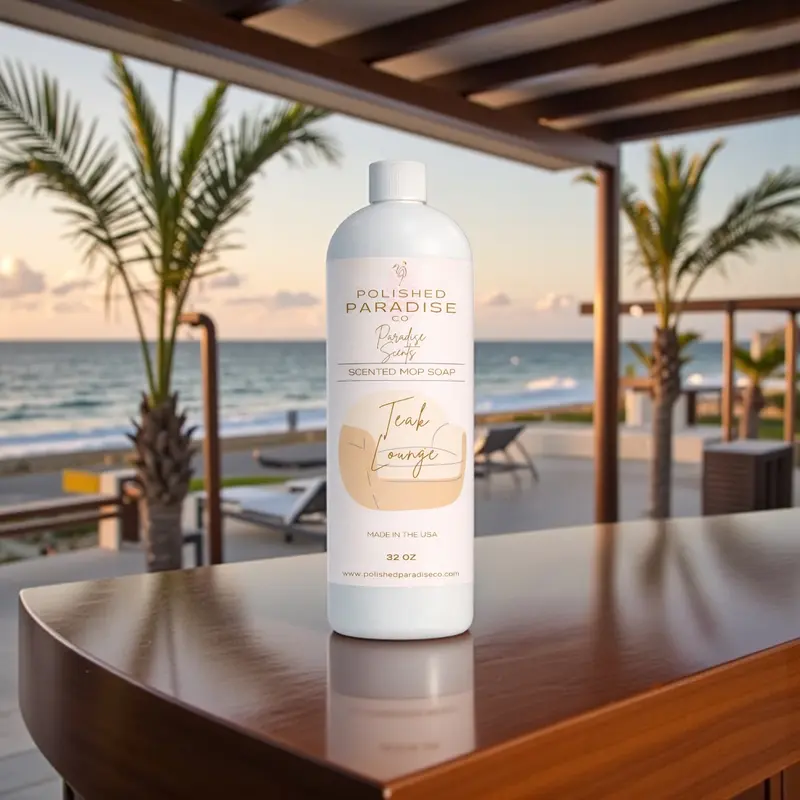 Polished Paradise Co. Resort Collection Scented Mop Soap 32 Oz Made in USA Premium Luxury Floor Cleaner for Multiple Floor Types Multipurpose Teak Lounge