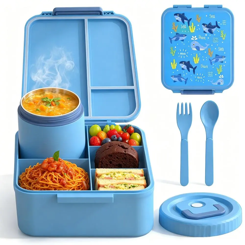 Reusable Food Storage Container Complete Bento Kit with Insulated Soup Thermos & Sauce Jar, Separated Grids Avoid Food Flavor Cross Mixing Lunch Box Portable