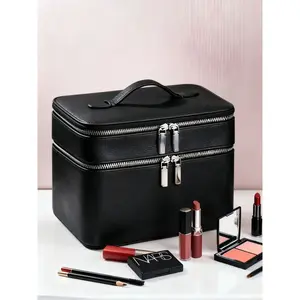 Double Layer Leather Makeup Bag with Dual Zippers and Top Handle, Large Capacity Beauty Storage Box, Travel Wash Bag for Skincare/bathroom Essentials, Travel Cosmetic Bag