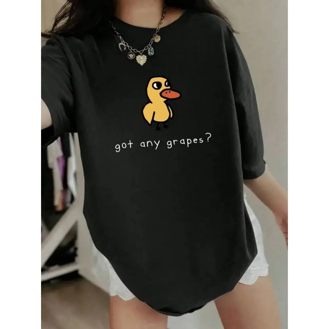 Women's Fitted Cotton Short-Sleeve Graphic T-Shirt - Cute Duck Print, Funny Quote, Soft Casual Summer Streetwear Top for Daily Wear, Tshirt
