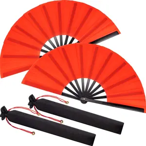 2 Pack Large Folding Hand Fan 13.4 x 25 inch Nylon-Cloth Vintage Retro Fabric Fans, Chinese Kung Fu Tai Chi Hand Fan for Men/Women, Festival, Dance, Gift, Performance, Decorations (Red) - Home Improvement. Plastic Silk Lightweight